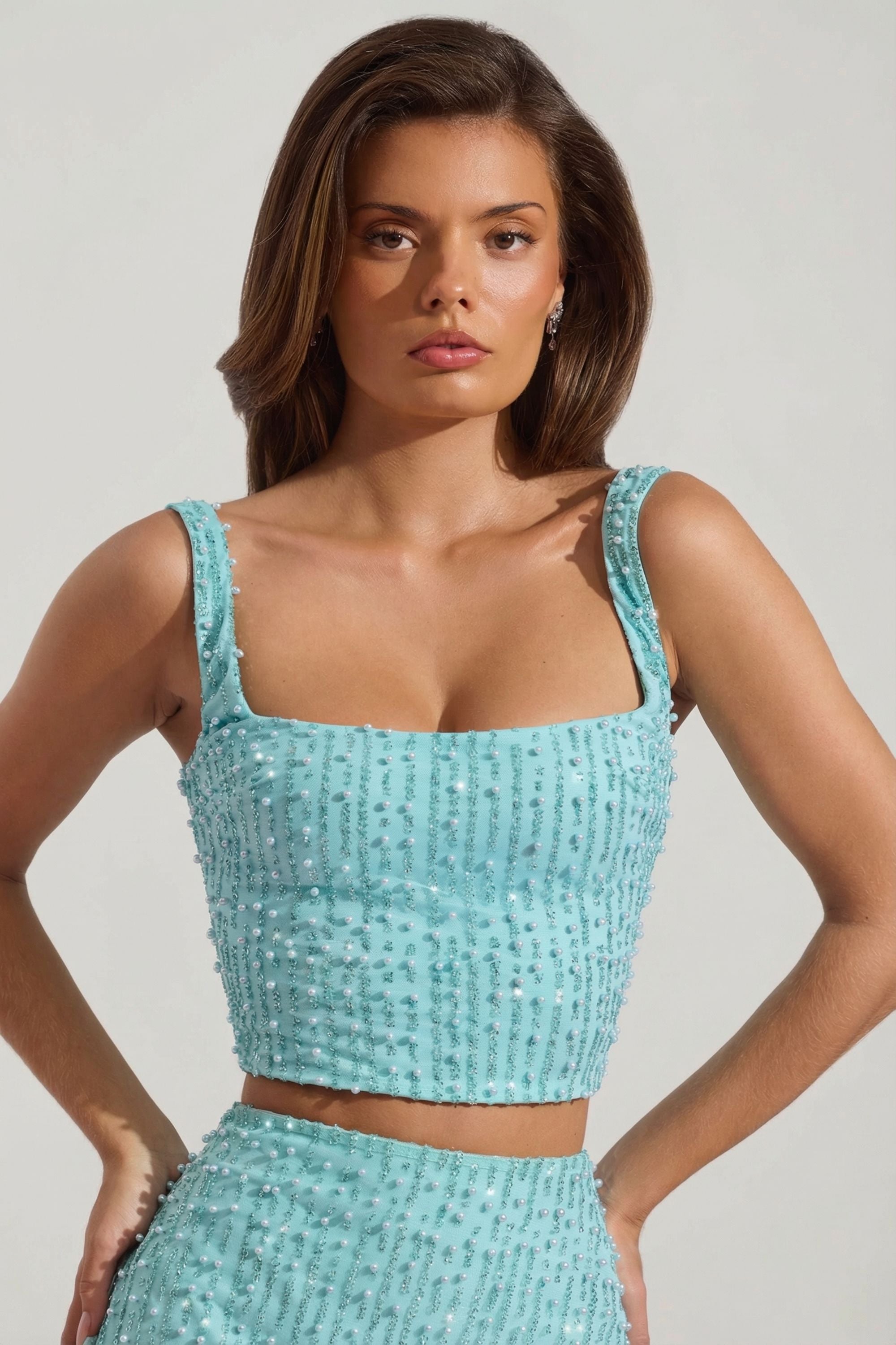 Embellished Square-Neck Crop Top in Aquamarine