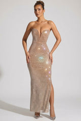 Embellished Strapless Plunge Gown in Honey