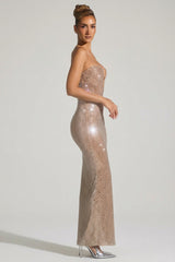 Embellished Strapless Plunge Gown in Honey