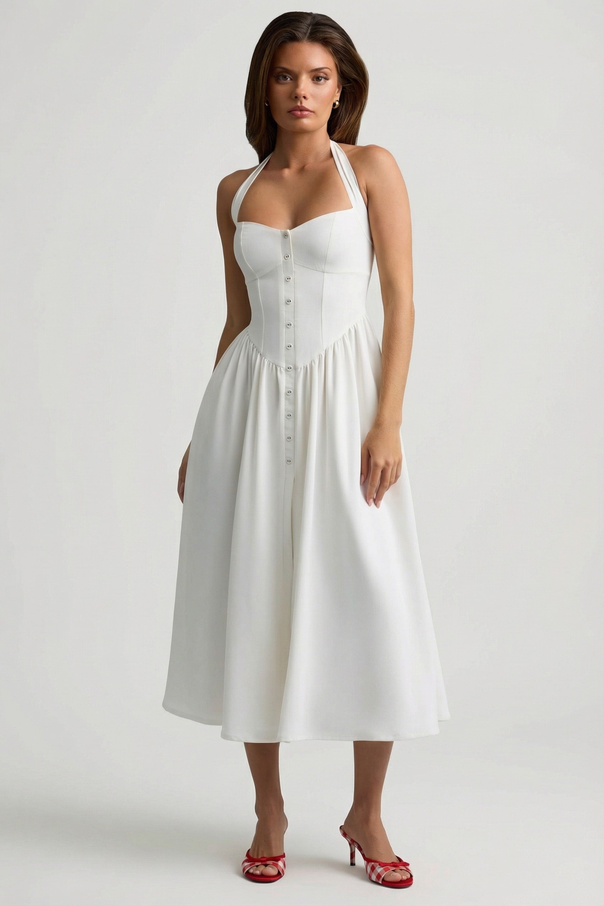 Button-Detail Halterneck Midaxi Dress in White