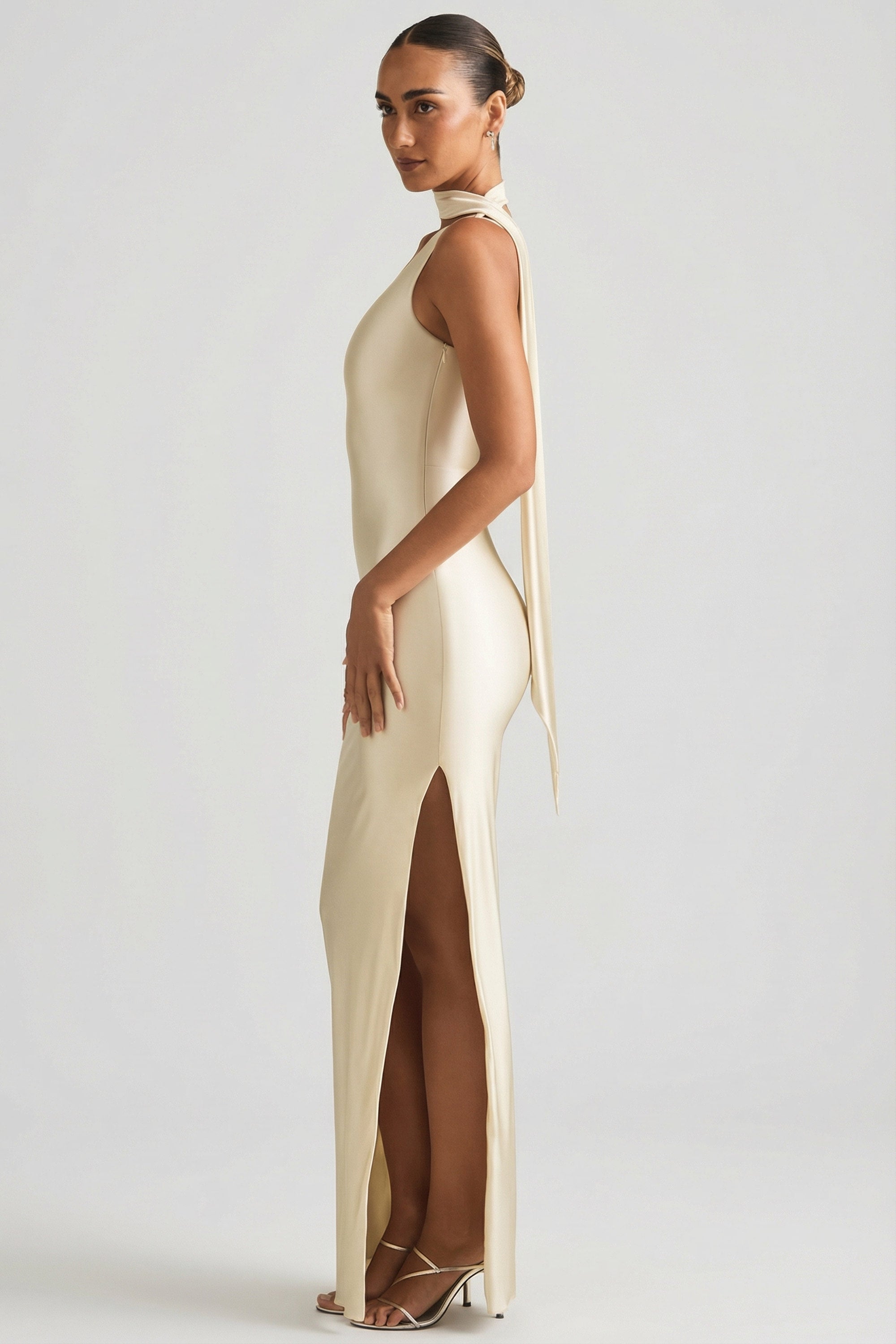 Asymmetric Scarf-Detail Maxi Dress in Pearl