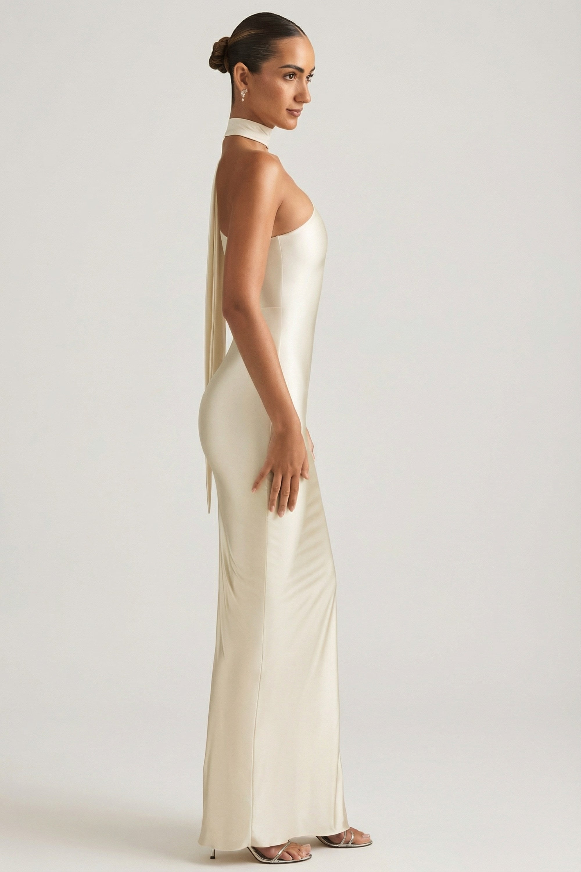Asymmetric Scarf-Detail Maxi Dress in Pearl