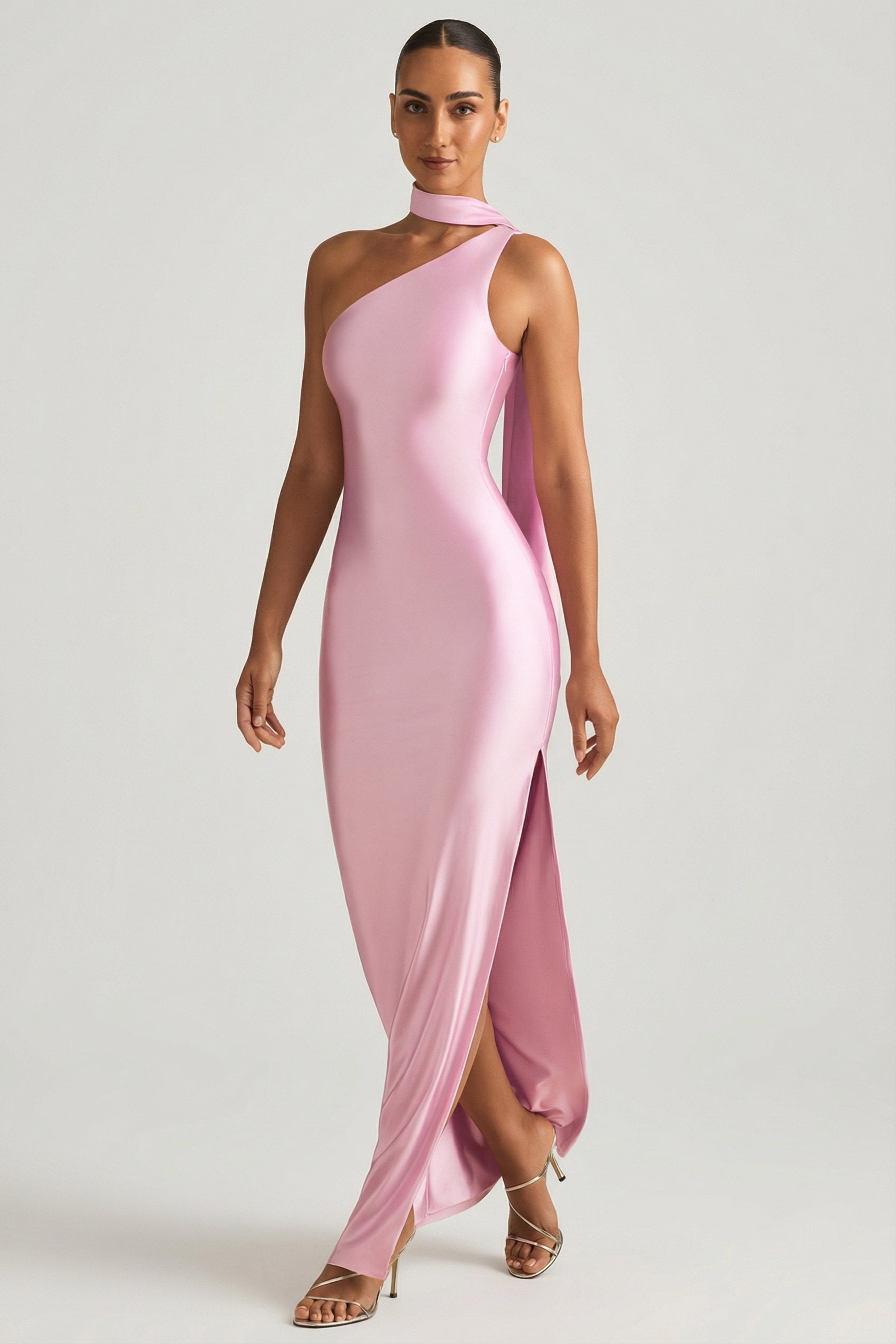 Asymmetric Scarf-Detail Maxi Dress in Candyfloss Pink