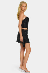 Embellished Draped Mid-Rise Mini Skirt in Black