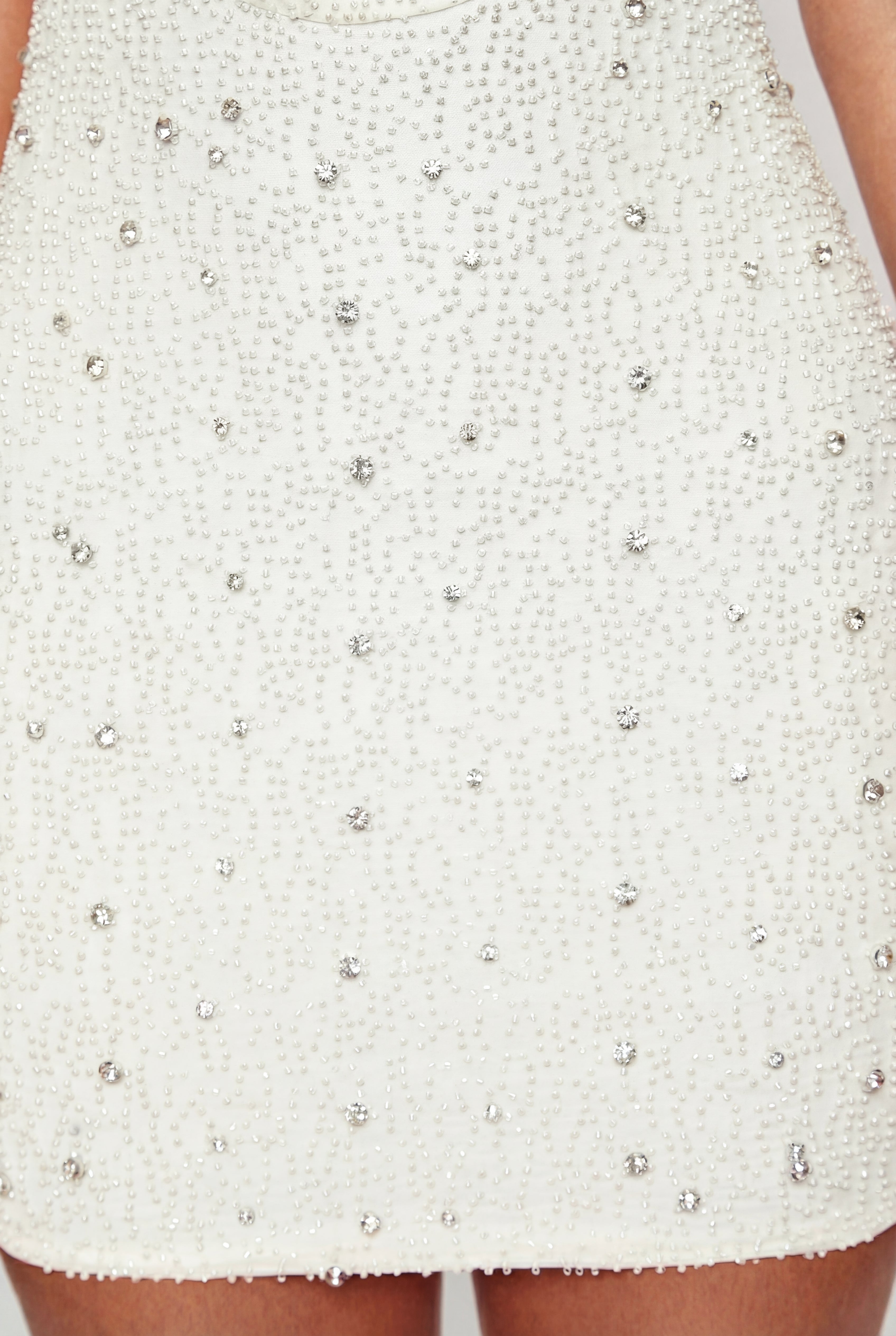 Deep Plunge Embellished Mini Dress in Snow