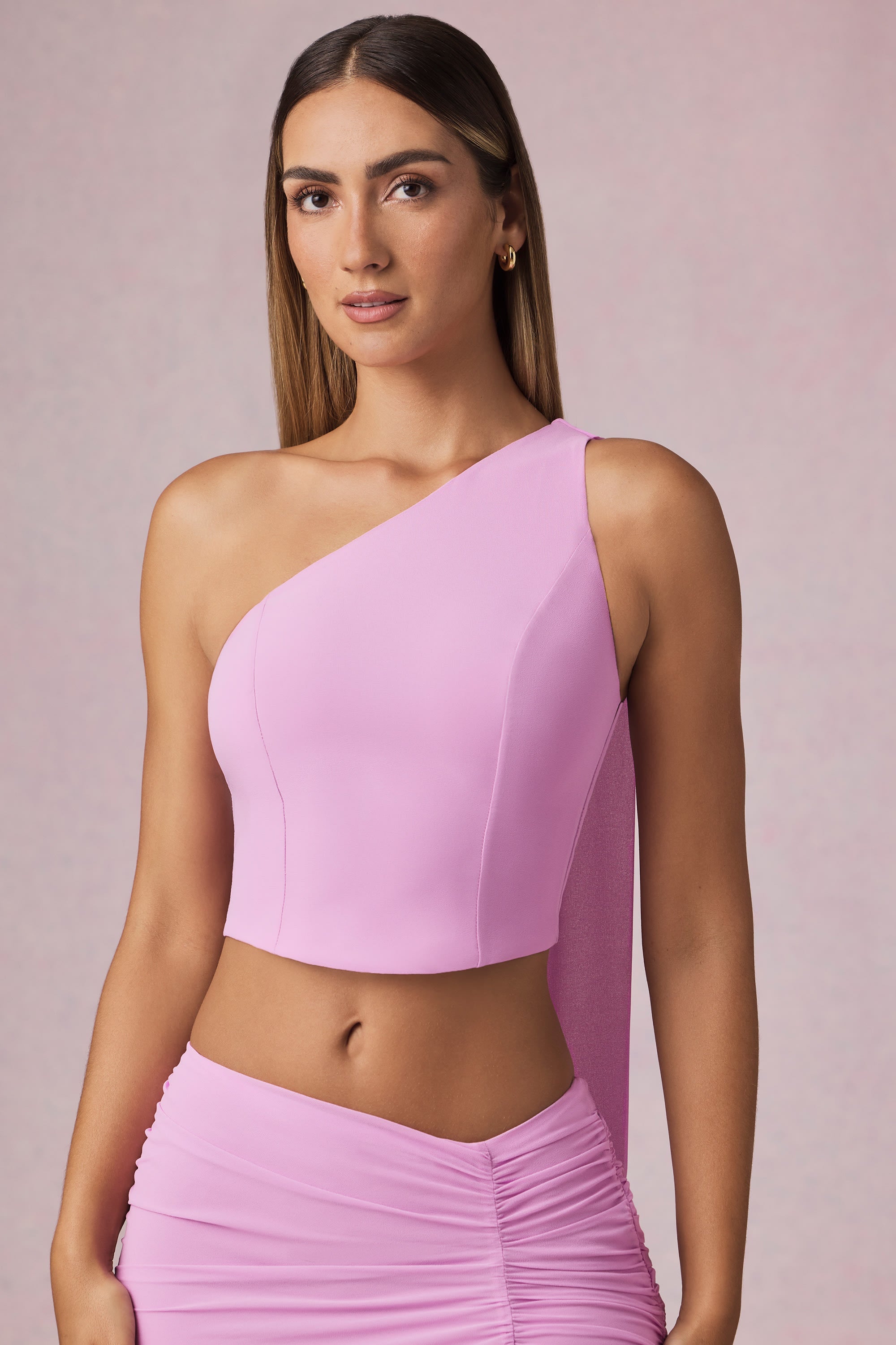 Scarf-Detail One-Shoulder Top in Pink Orchid